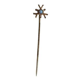 Vintage Gold Tone Stick Pin With Blue Opal Gemstone Accent Starburst Design